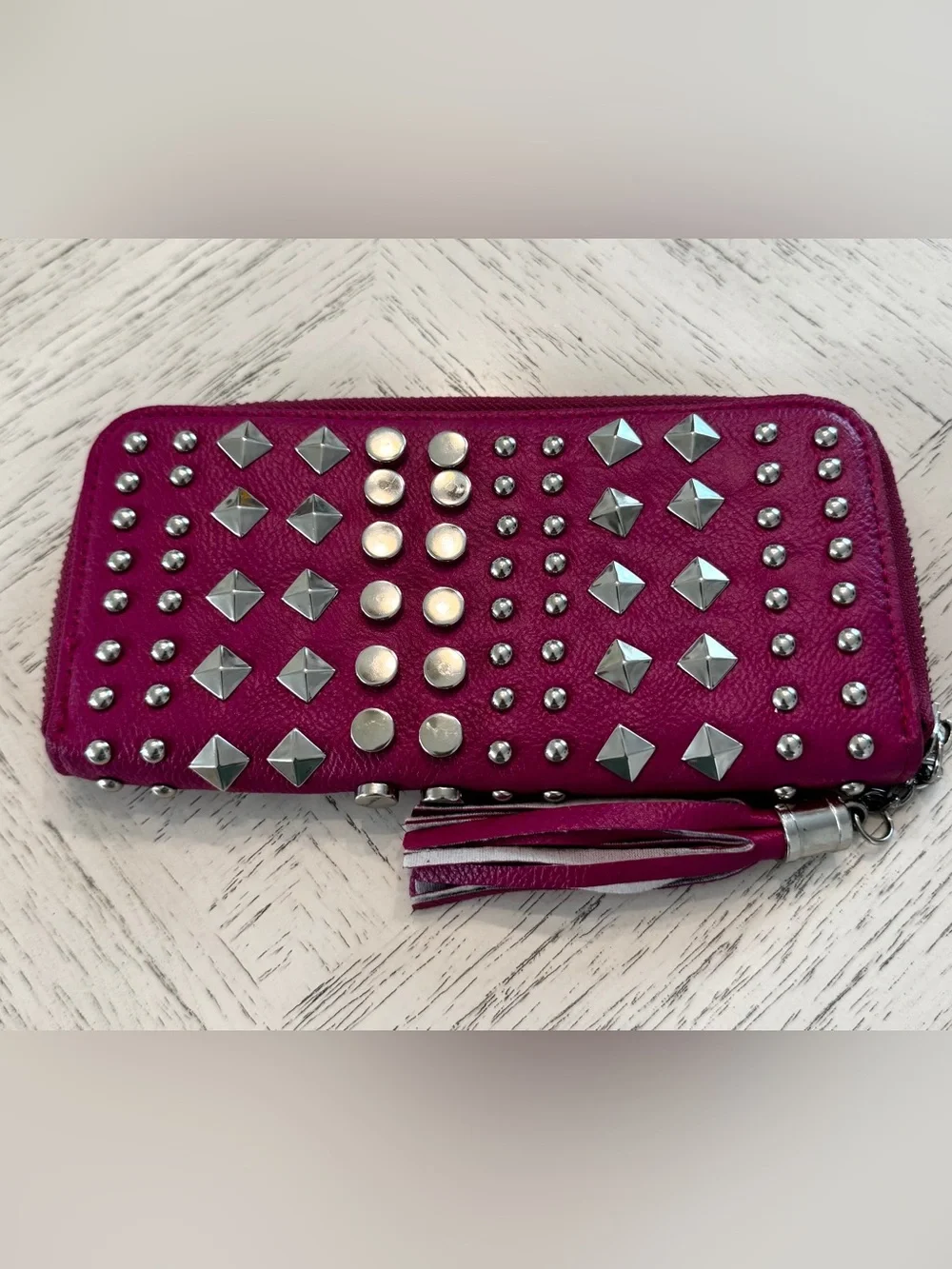 Fuchsia Pink Studded Zip Around Wallet Silver Hardware Tassel Y2K